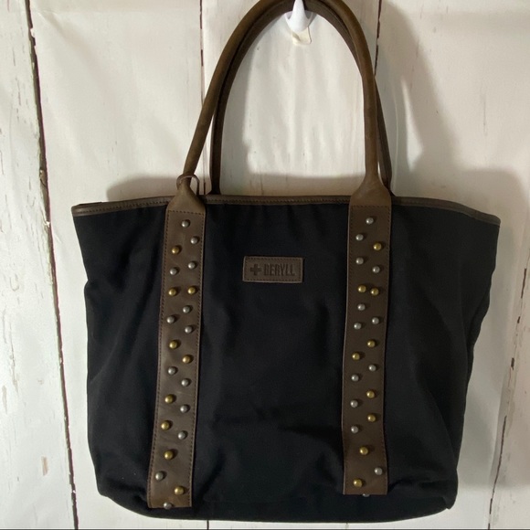 Beryll Black & Brown Canvas Leather Tote with studded design - Picture 6 of 17